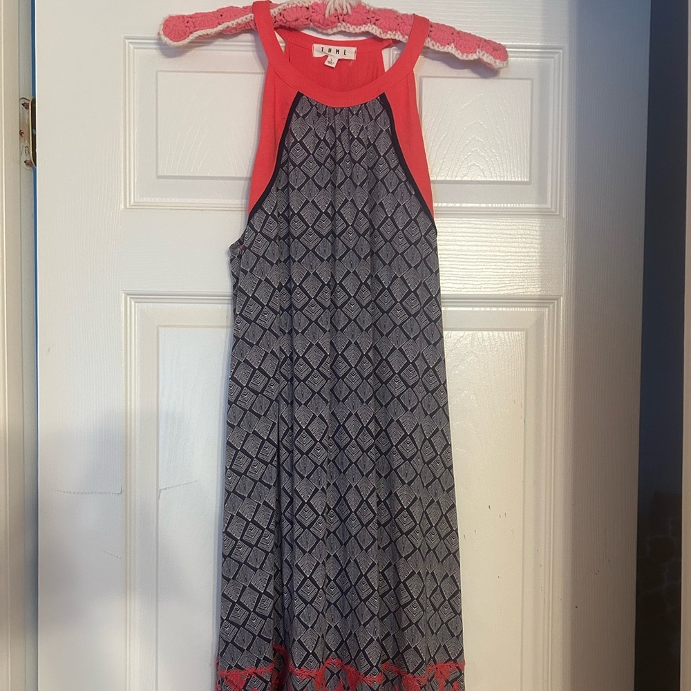 THML Embroidered Halter Dress Coral Blue and White